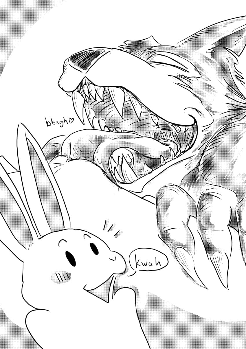 absurd_res anthro beastars blush canid canine canis comic cunnilingus dialogue dragonweirdo duo fangs female genitals hand_on_leg haru_(beastars) hi_res lagomorph legoshi_(beastars) leporid licking male male/female mammal oral rabbit sex smile surprised teeth tongue vaginal_penetration vulva wolf