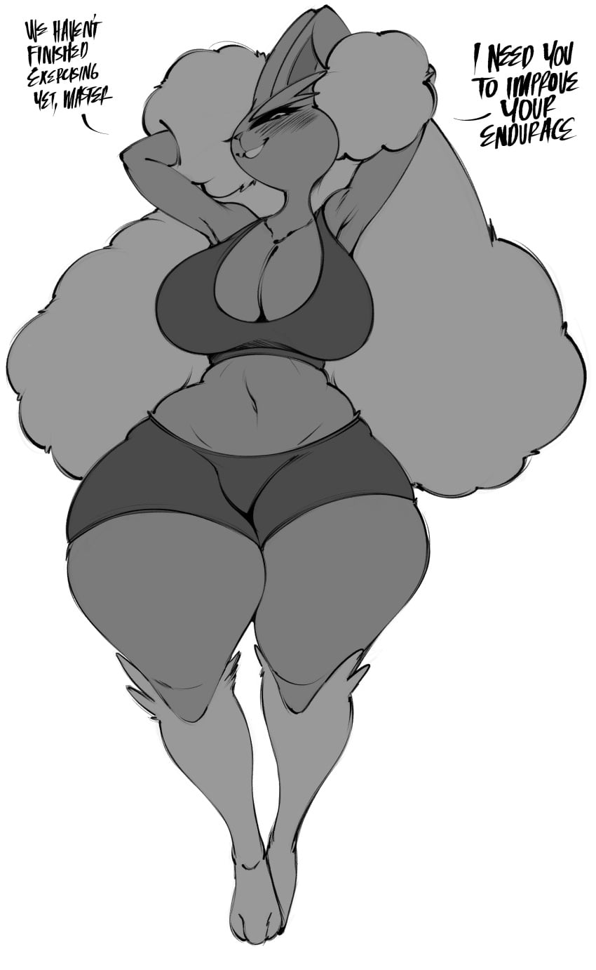 1girls 2026 3_toes absurd_res anthro athletic_wear big_breasts blush blush_lines bottomwear bra breasts clothing english_text feet female female_anthro female_only generation_4_pokemon greyscale gym_bottomwear gym_shorts hair hands_behind_head hi_res looking_at_viewer lopunny master monochrome navel nintendo pokemon pokemon_(species) saltyxodium shorts simple_background smiling smiling_at_viewer solo sports_bra talking_to_viewer teeth text toes underwear white_background wide_hips
