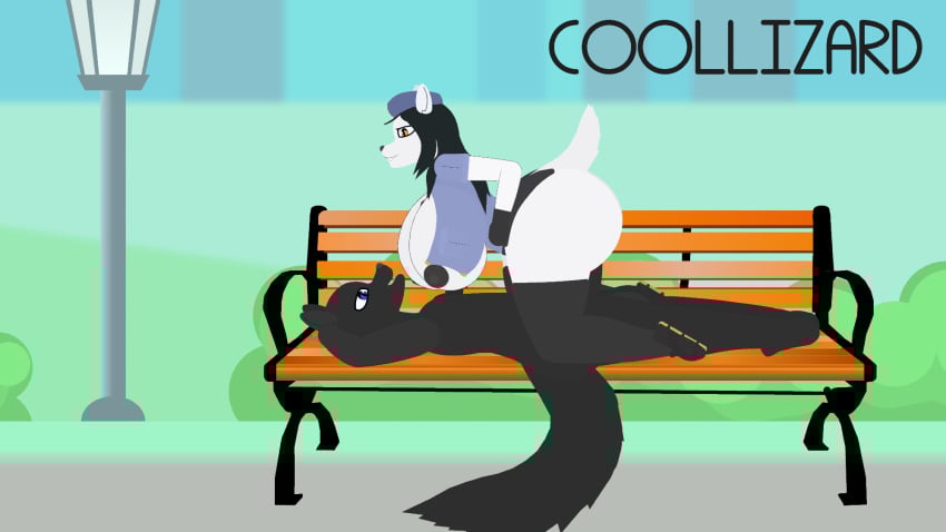 anthro ass balls bench big_balls big_butt big_penis big_tail black_body black_fur black_hair black_nipples black_nose blue_eyes breasts canid canine canis city city_background coollizard domestic_dog duo female fur genitals hair hi_res huge_balls huge_butt huge_cock huge_thighs male male/female mammal nipples nude officer_pai_(miso_souperstar) orange_eyes park park_bench penis public public_nudity public_sex sex sticknodes tail thick_thighs white_body white_fur