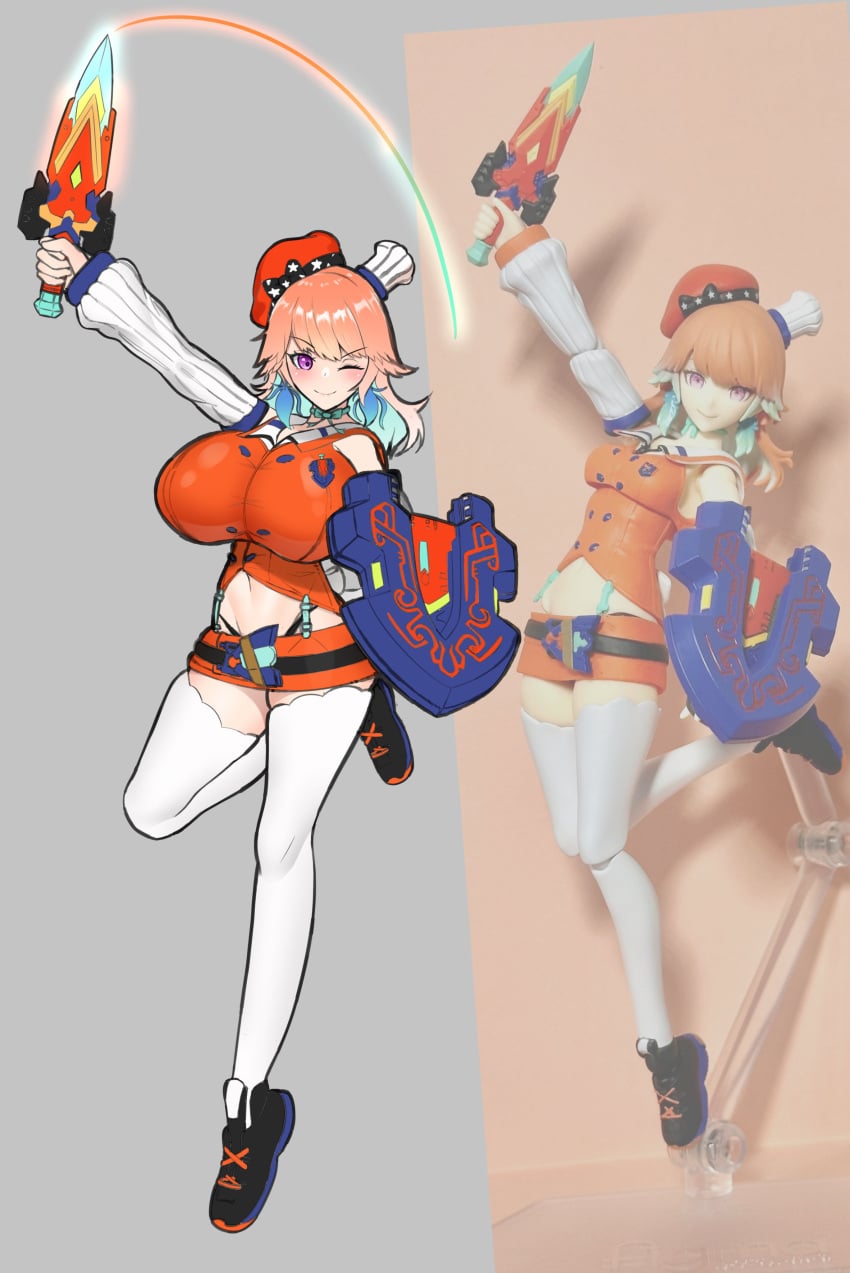 1girls 2024 action_figure animal_girl anime_expo_2022 asai_(apsy)_masaki belly_button bird_girl chef_hat dragoncraft feathers female female_focus female_only figma figure figurine hat holding holding_sword holding_weapon hololive hololive_en hololive_myth kouzuki max_factory midriff multicolored_hair multiple_hats navel neck_ribbon ohitsuji orange_hair phoenix plastic_(material) posable real_figurine shield solo sword takanashi_kiara textless thighhighs virtual_youtuber weapon white_thighhighs