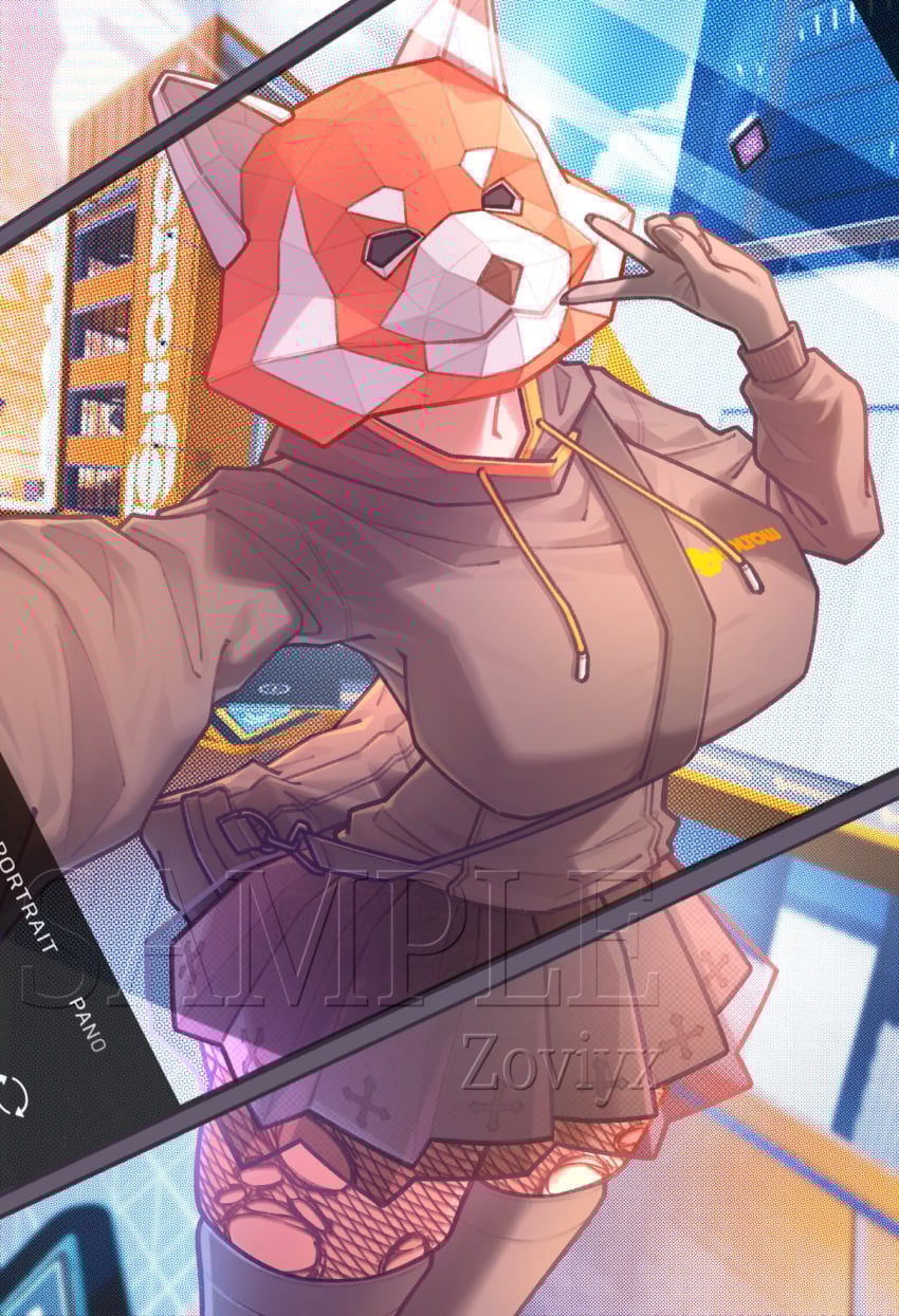 1girls bag big_ass big_breasts curvaceous curvy curvy_body curvy_female curvy_figure duffle_bag female female_focus female_only fishnets gloves_(marking) hoodie huge_breasts large_ass large_breasts light-skinned_female light_skin mascot_head mask peace_sign phone phone_screen phone_view selfie selfie_pose skindentation skirt solo solo_focus stockings the_finals thick_thighs torn_fishnets torn_legwear viewfinder