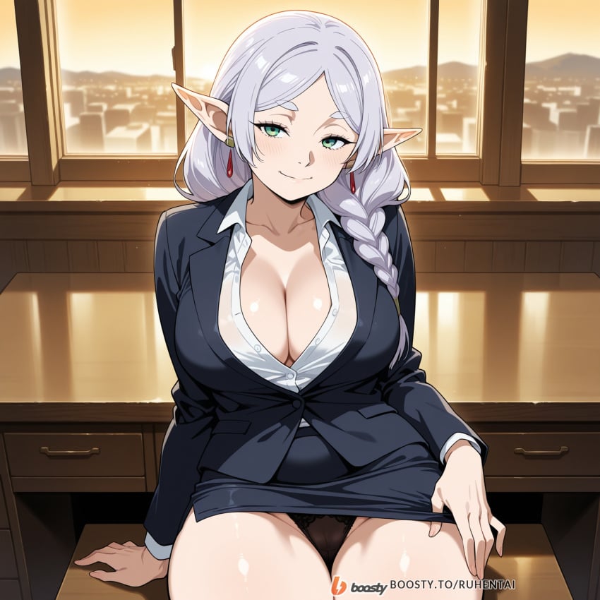 1girls ai_generated breasts elf face female female_only frieren frieren_beyond_journey's_end male mature_female milf office office_clothing office_lady solo_focus sousou_no_frieren sweat uncensored white_hair