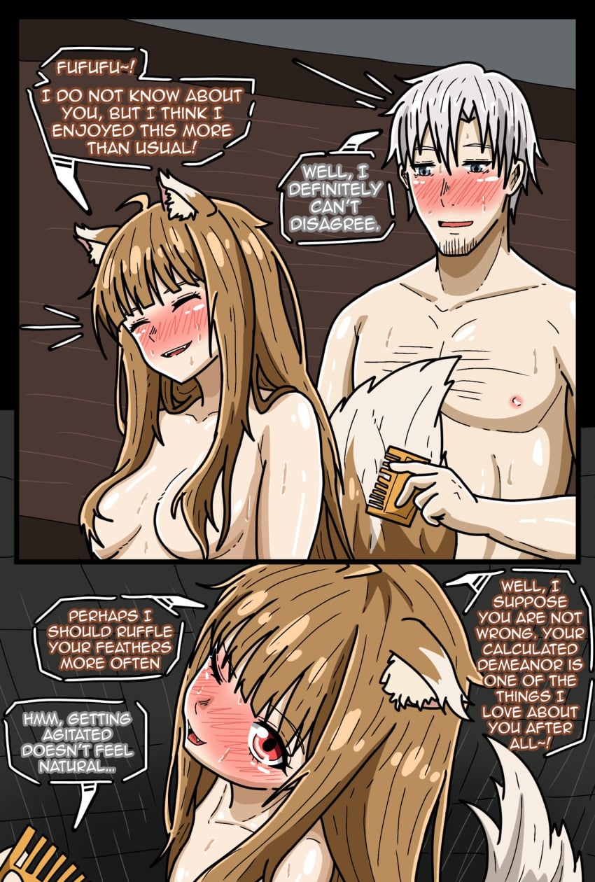 1boy 1girls apoelayoshi7 boobs breasts brown_hair brown_hair_female completely_nude completely_nude_female english_text female holo_(spice_and_wolf) kraft_lawrence male no_bra no_panties nude nude_female spice_and_wolf text tits white_hair white_hair_male wolf_ears wolf_girl wolf_humanoid wolf_tail woman