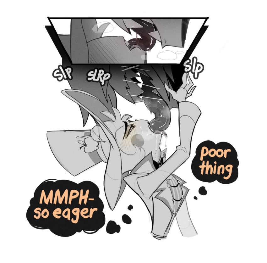 2boys alastor_(hazbin_hotel) blush craxkers english english_text french_kiss gay hazbin_hotel kissing long_tongue lucifer_morningstar_(hazbin_hotel) open_mouth saliva saliva_string sharp_teeth simple_background size_difference thought_bubble tongue tongue_kiss tongue_out white_background yaoi