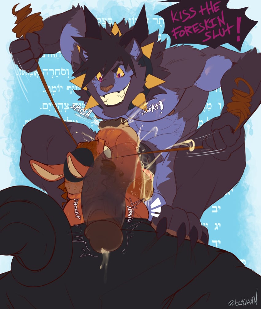2026 4_toes 5_fingers abs absurd_res alternate_version_at_source anthro arm_tuft artist_name athletic athletic_anthro athletic_male balls beard big_penis black_hair black_horn black_penis bodily_fluids brown_glans brown_hair brown_nose chanting claws clothed clothing collar colored command cum cum_drip cum_in_mouth cum_inside cum_on_face cum_overflow curly_hair deep_throat demon digital_drawing_(artwork) digital_media_(artwork) dominant dominant_anthro dominant_male dripping duo ejaculation elbow_tuft emanata english_text erection exclamation_point face_fucking facial_hair feet feet_on_shoulders felid feline fingers foreskin from_front_position genital_fluids genitals glans grin hair headgear headwear hebrew_text hi_res horn humanoid_genitalia humanoid_penis internal irrumatio judaism kippah larger_male long_penis looking_at_another looking_at_partner male male/male male_penetrated male_penetrating male_penetrating_male mammal multicolored_body neck_bulge neck_tuft nipples nude nude_anthro nude_male on_top only_one_nude oral oral_penetration pecs penetration penile penile_penetration penis penis_in_mouth pink_eyes pulling_hair purple_balls purple_body religion religious_clothing religious_headwear religious_themes retracted_foreskin ritsukaxan rough_sex screaming sex sidelocks simple_background size_difference slim small_dom_big_sub small_top_big_bottom small_waist smaller_male smile spiked_collar spikes submissive submissive_anthro submissive_male teeth text throbbing throbbing_penis toe_claws toes toothy_grin touching_hair tuft two_tone_body vein veiny_penis x-ray_view