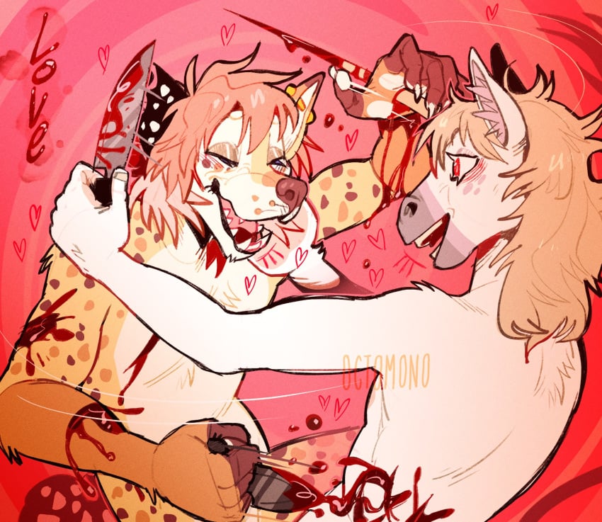 0ct0m0n0 anthro blood bodily_fluids brown_nose canid canine closed_eyes duo equid equine fangs fur gloves_(marking) gore hair happy hi_res holding_knife holding_object horn knife male male_anthro mammal markings motion_lines mythological_creature mythological_equine mythology nude open_mouth open_smile orange_body orange_fur pink_hair pink_tongue red_eyes smile spots spotted_arms spotted_markings spotted_tail tail tail_markings tan_hair teeth tongue unicorn white_body white_fur wounded yellow_body yellow_fur