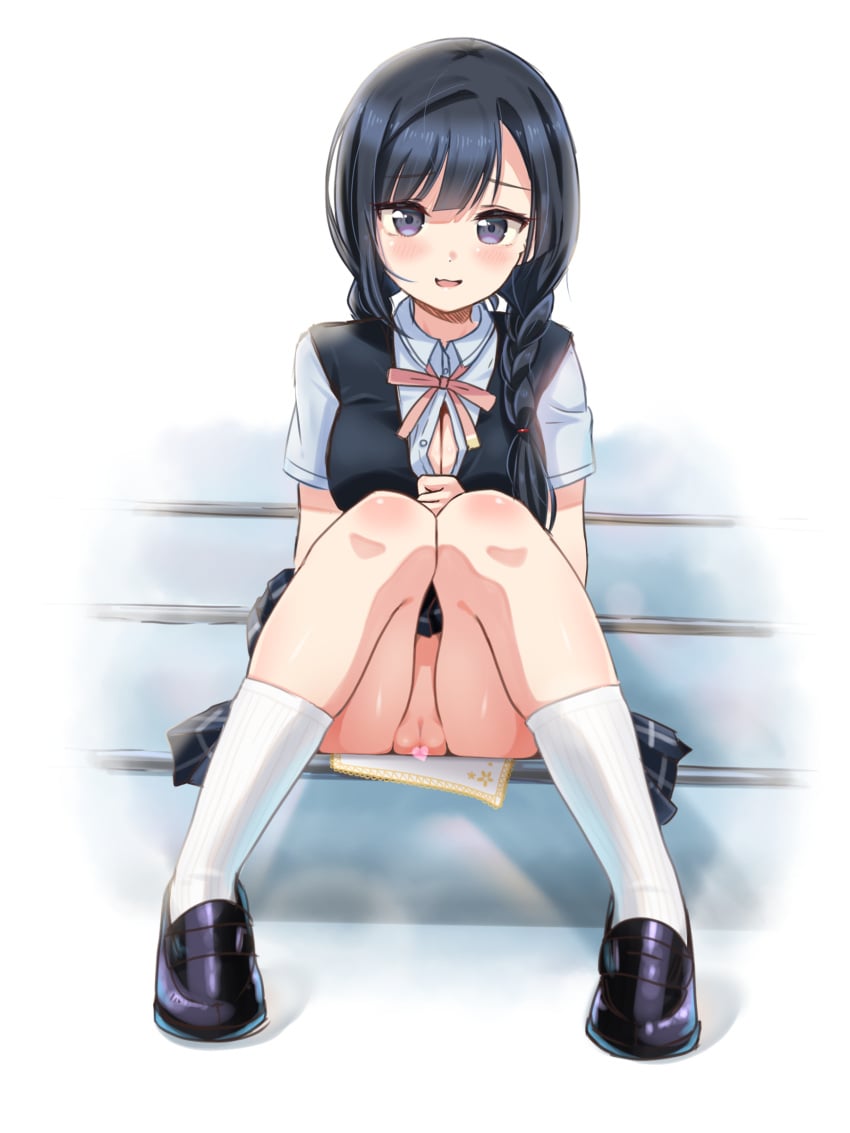 1girl absurdres black_shoes blue_eyes blue_hair blue_shirt blue_skirt blue_vest blush braid breasts censored cleavage commentary_request handkerchief heart heart_censor highres large_breasts long_hair looking_at_viewer love_live! love_live!_nijigasaki_high_school_idol_club nakagawa_nana neck_ribbon nervous_smile nijigasaki_school_uniform no_eyewear no_panties open_clothes open_shirt pussy red_ribbon ribbon school_uniform shark_yc shirt shoes sitting skirt smile socks solo stairs summer_uniform vest white_socks yuki_setsuna