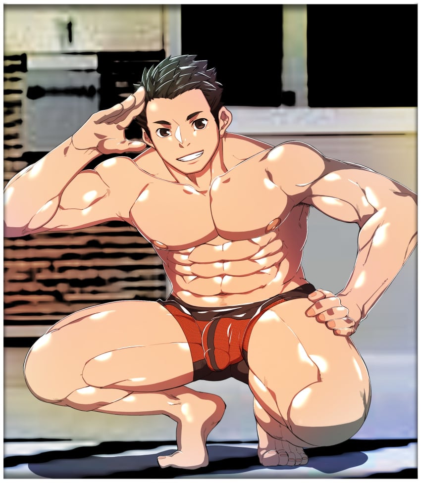 1boy abs beefy biceps big_areola boxers_(clothing) breasts brown_eyes brown_hair collarbone crouching feet fingernails flaccid full_body gay genital_outline glans grin haikyuu!! hi_res looking_at_viewer male male_only mature_male muscles muscular muscular_arms muscular_legs muscular_male muscular_neck muscular_thighs no_body_hair pecs penis pix_masakok quadriceps realistic_background salute sawamura_daichi short_hair six_pack solo text thick_legs thick_thighs toes topless yaoi