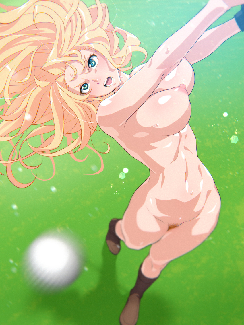 2022 ball bandai_namco bandai_namco_pictures bar_censor bare_arms bare_back bare_shoulders birdie_wing:_golf_girls'_story breasts censored completely_nude don_(rg06268) eve_(birdie_wing) female golf golf_ball golf_club golf_course grass highres holding holding_golf_club midriff navel nipples no_bra no_panties nude pubic_hair pussy zenra