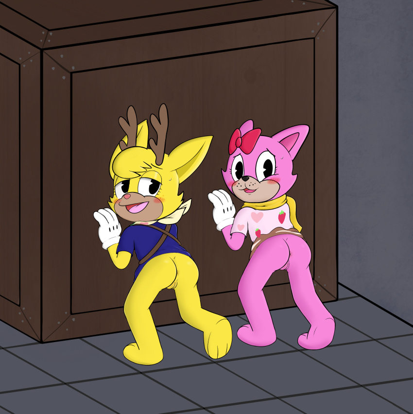 :3 absurd_res anthro ass cervid clothing doe_vinci domestic_cat duo feet felid feline felis female female/female fur gloves hair handwear hi_res mammal pac-man_eyes pancake_(toontown) pink_body pink_fur pink_hair pushing sherwind52 toontown_cat toontown_corporate_clash toontown_deer toontown_nightlife toontown_online toony toony_eyes yellow_body yellow_fur