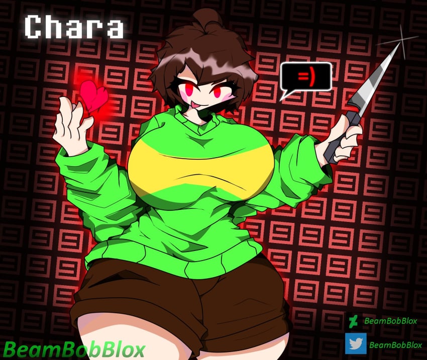 1girls alternate_version_available beambobblox big_breasts breasts_bigger_than_head brown_hair chara clothed female female_only hourglass_figure huge_breasts knife red_eyes rosy_cheeks thick_thighs undertale undertale_(series)