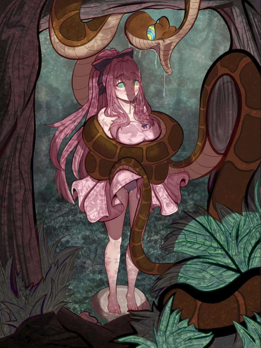 about_to_eat animated black_bow bow coiling coils doki_doki_literature_club dress dress_lift drool hypno_eyes hypnosis hypnotic hypnotic_eyes jungle kaa melatoko_(artist) monika_(doki_doki_literature_club) open_mouth ponytail saliva smile smiling smiling_at_another snake standing stump the_jungle_book tree_stump