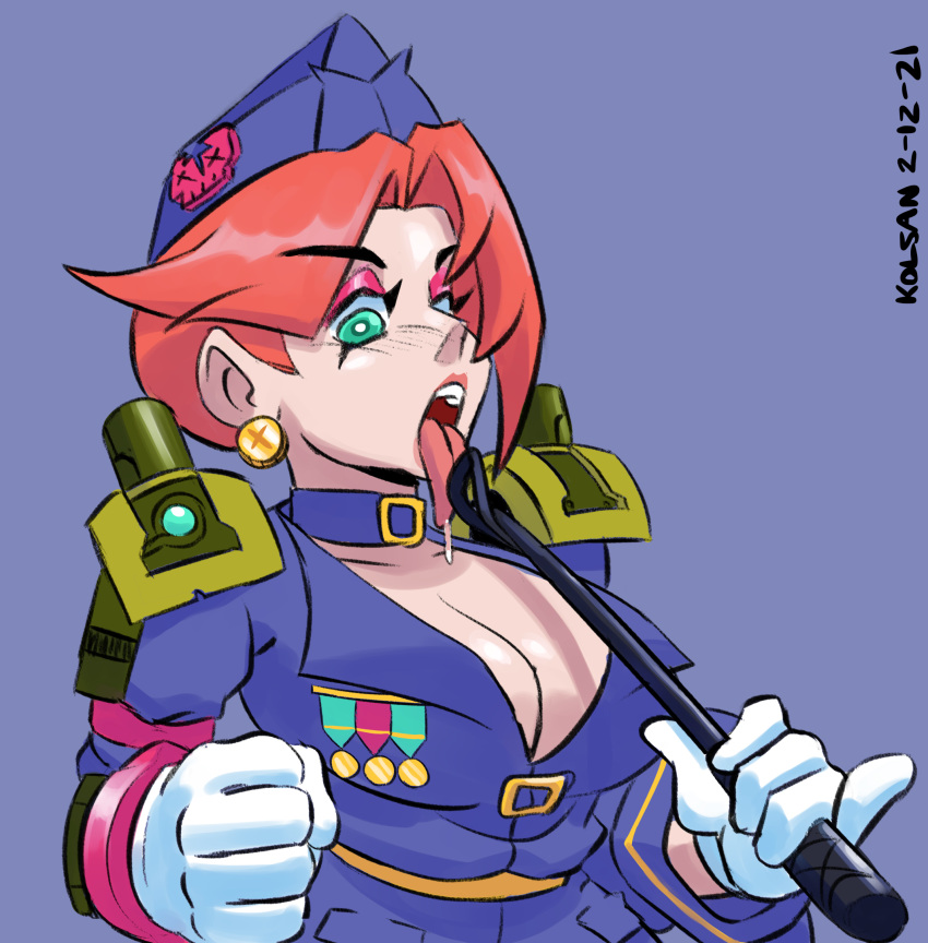 armored_epaulettes bb_topper choker cleavage drool drop_cannon earrings epaulettes eyeshadow female general_bb_topper gloves green_eyes hat kolsan large_breasts licking licking_riding_crop lipstick medals military_medal military_uniform newgrounds pink_eyeshadow red_hair riding_crop simple_background solo_female suggestive tongue_out uniform white_pupils