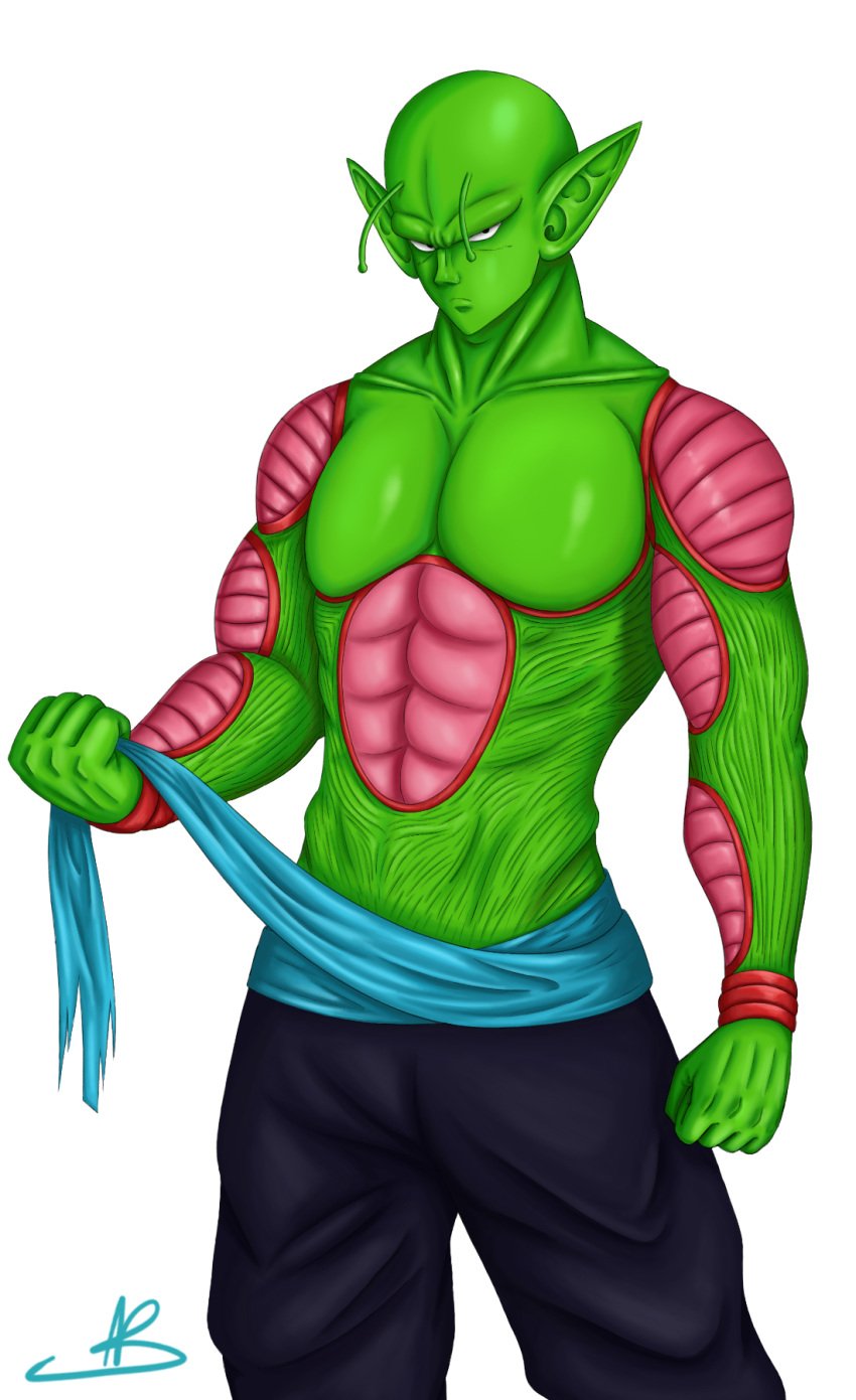 1boy alien alien_humanoid anime_style antennae belt black_eyes demonicaurora dragon_ball dragon_ball_gt dragon_ball_super dragon_ball_z green_skin long_ears male male_only muscles muscular_male namekian pants partially_clothed piccolo skin_pattern solo teasing topless_male