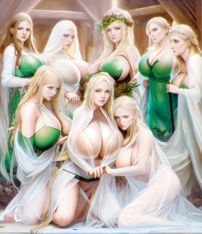 8girls ai_generated big_breasts blonde_hair blue_eyes cameltoe elegant elves female_focus female_only gigantic_breasts group holding_hands huge_breasts large_breasts nipple pale-skinned_female pale_skin pointy_ears pussy robes see-through shaved_pussy skimpy skimpy_clothes skin_tight stable_diffusion transparent_clothing yuri