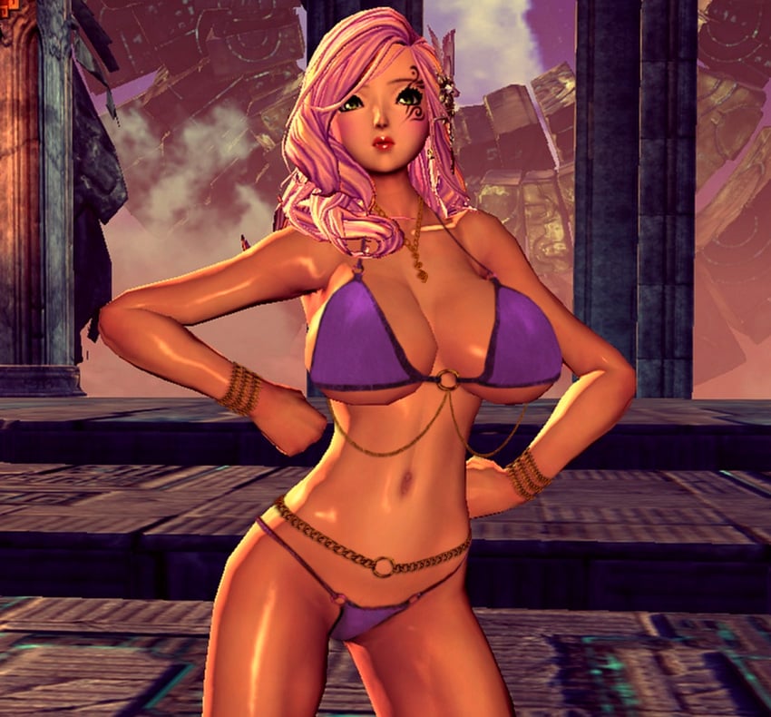 1girls 3d 3d_(artwork) absurd_res absurdres alternate_breast_size anuriel belly belly_button big_breasts bikini blade_&_soul bracelet chains digital_media_(artwork) enormous_breasts eyebrows female giant_breasts green_eyes hair hair_ornament long_hair navel necklace original original_character pink_hair sex shiny_skin skinny