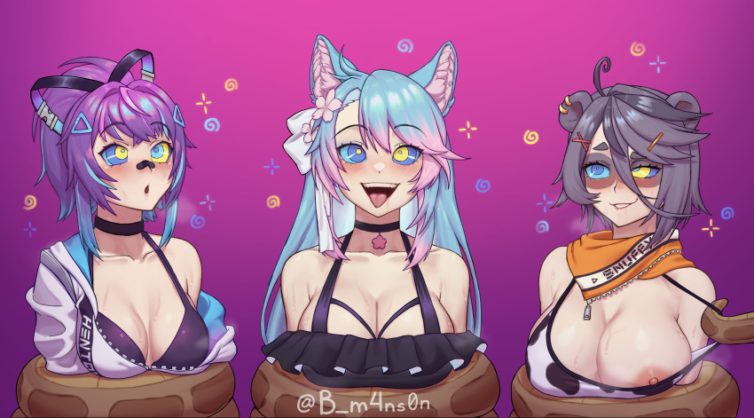 1boy 3girls ahoge animal_ears bandaid bandaid_on_nose black_hair blue_hair blush bra choker cleavage clenched_teeth coiling coils drooling femsub flower flower_in_hair grey_hair hair_ornament hair_ribbon huge_breasts hypnosis indie_virtual_youtuber kaa kaa_eyes large_breasts long_hair m4nson maledom medium_breasts melody_(projektmelody) mind_control mindless multicolored_hair nipples open_mouth pastel pink_hair ponytail projektmelody purple_hair raccoon_ears raccoon_girl resisting scarf short_hair silvervale smile snake snake_tail snuffy sweat the_jungle_book tongue tongue_out two-tone_hair undressing virtual_youtuber vshojo weak_resistance wolf_ears wolf_girl