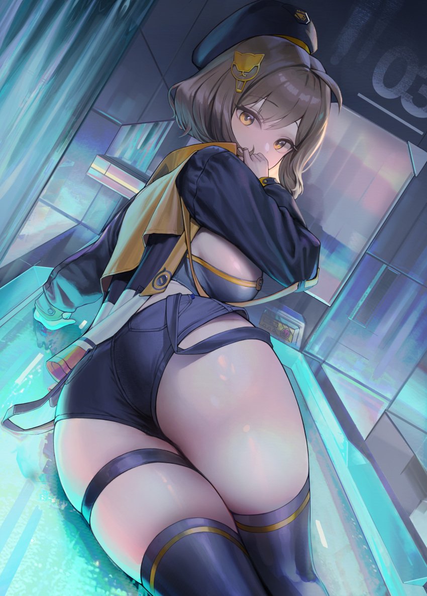 1girls 2022 anis_(nikke) ass ass_focus big_ass big_thighs butt_focus dongji female goddess_of_victory:_nikke hand_covering_mouth large_breasts laying laying_down light-skinned_female light_brown_hair looking_at_viewer looking_back short_hair short_shorts shorts thick_thighs thigh_strap thighhighs