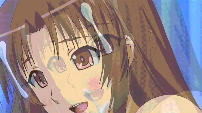 1girls anejiru animated blush brown_hair bukkake closed_eyes cum ejaculation facial long_hair looking_pleasured open_mouth red_eyes semen shirakawa_ryouko smile