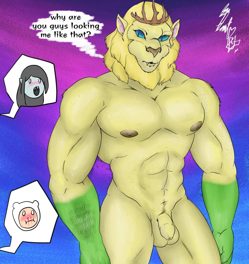 abs adventure_time anthro balls blood bodily_fluids cartoon_network crown english_text felid female finn_the_human flaccid foreskin geekgory genitals group hi_res human humanoid hybrid lion male male_only mammal marceline marceline_abadeer muscular muscular_anthro muscular_male nipples nosebleed nude pantherine penis pubes text vampire vampire_king