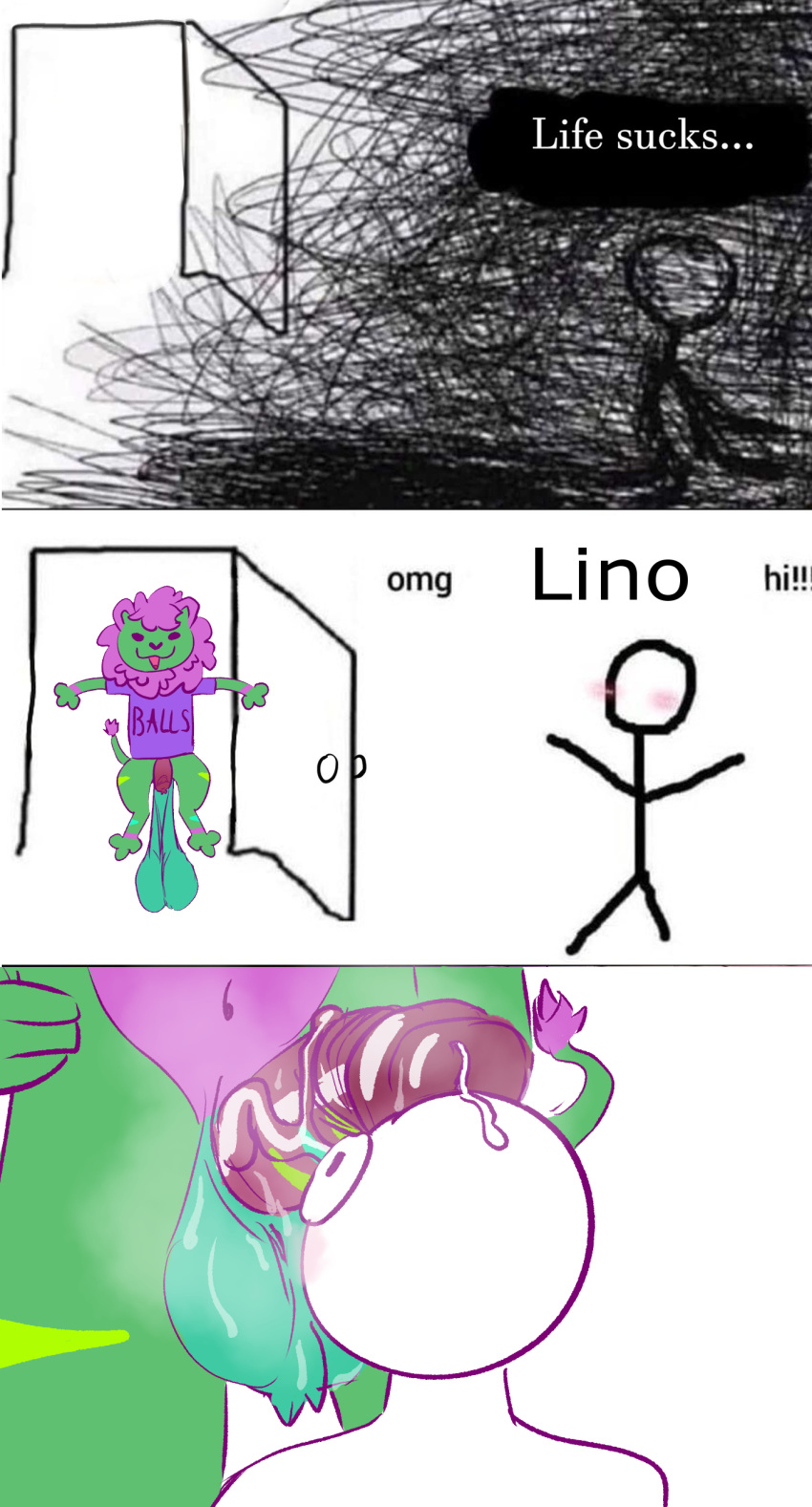 absurd_res anthro balls big_balls big_penis blush bodily_fluids dripping duo faceless_character felid feline fur genital_fluids genitals green_body green_fur hi_res human lino_the_lion lion male male/male mammal meme musk musk_clouds musk_fetish omg_hi! pantherine penis pink_body pink_fur precum precum_drip solo stick_figure