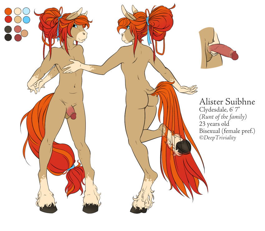 alister_(chromatophore) alister_suibhne anthro ass blue_eyes brown_body brown_fur chromatophore equid equine erection flaccid fur genitals hair hooves horse humanoid_genitalia humanoid_penis male mammal model_sheet navel nude orange_hair penis simple_background solo white_background