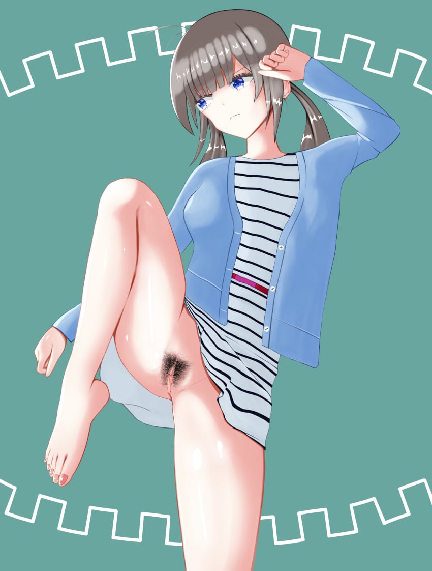 absurdres barefoot blue_eyes breasts clitoris female female_focus female_pubic_hair highres large_breasts long_sleeves no_panties original pubic_hair pussy ren_(diamondlibrary) shiny shiny_skin spread_legs standing standing_on_one_leg toes twintails