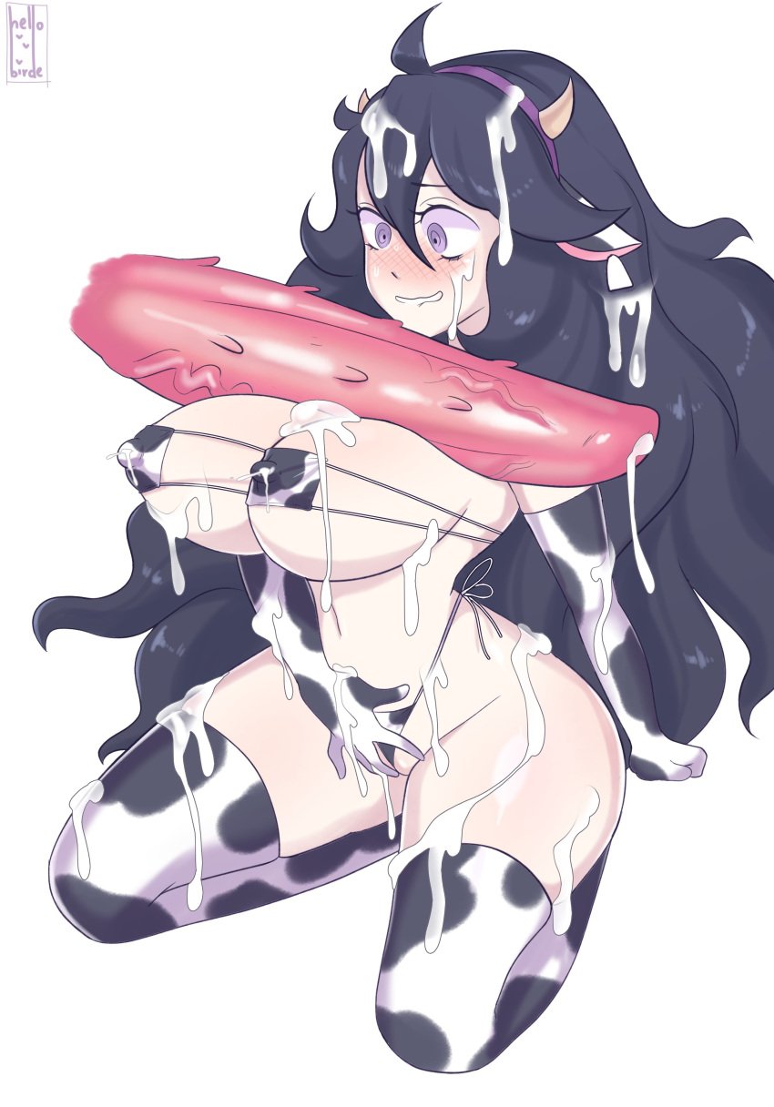 1boy 1girls ahoge animal_genitalia animal_penis armwear artist_name big_breasts big_penis bikini blush breasts cow_bikini cow_ears cow_horns cow_print cum cum_on_body cum_on_breasts cum_on_face cum_on_hair disembodied_penis ejaculation eyepatch_bikini game_freak hairband hellobirde hex_maniac huge_cock lactation large_breasts legwear long_hair penis penis_on_breast pokemon pokemon_(game) pokemon_xy purple_eyes purple_hair simple_background surprised thick_thighs thighhighs thighs veiny_penis white_background zoophilia