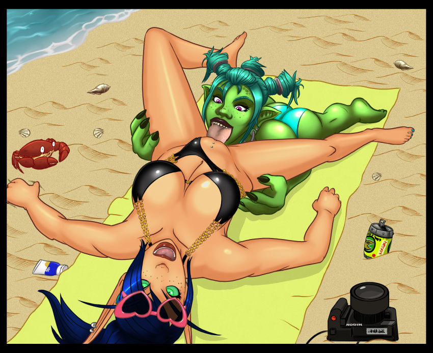 2girls black_hair blizzard_entertainment blood_elf goblin goblin_(warcraft) goblin_female green_eyes green_skin interspecies lexi_(kayzon) licking_pussy light-skinned_female light_skin multiple_girls original_character shina sunglasses warcraft world_of_warcraft yuri