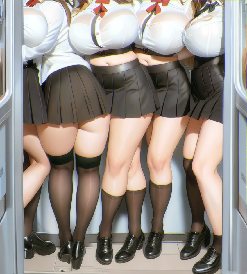 2022 5girls ai_generated big_breasts black_socks breast_squish breasts curvy female_only group huge_breasts hugging knee_socks kneehighs kneesocks large_breasts multiple_girls nai_diffusion school_uniform schoolgirl see_through short_skirt skirt socks stable_diffusion thigh_socks thighhighs train train_interior transparent_clothing voluptuous yuri