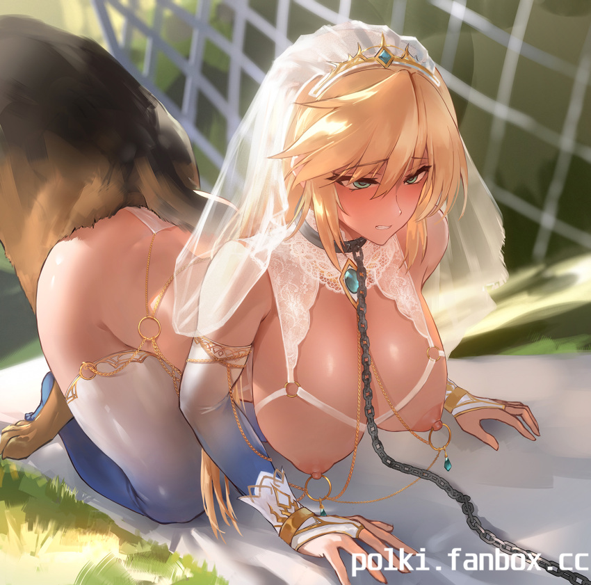 1girls all_fours ambiguous_knotting ambiguous_penetration armwear artoria_pendragon artoria_pendragon_(lancer) ass_to_ass bangs bestiality big_breasts blonde_hair blue_eyes breasts brooch canid canid_on_humanoid canine canine_on_human canis chain_leash chains clothed_female clothed_sex clothing collar day dog domestic_dog duo elbow_gloves fate/grand_order fate_(series) female female_human female_human/male_feral female_on_feral femsub fence feral german_shepherd gloves gown grass hair handwear herding_dog hetero hi_res human interspecies knotting leash legwear long_hair male male/female male_canine maledom mammal married_to_feral nipples no_bra outside pastoral_dog penetration plant polki public_bestiality public_nudity public_sex restrained thigh_highs zoophilia