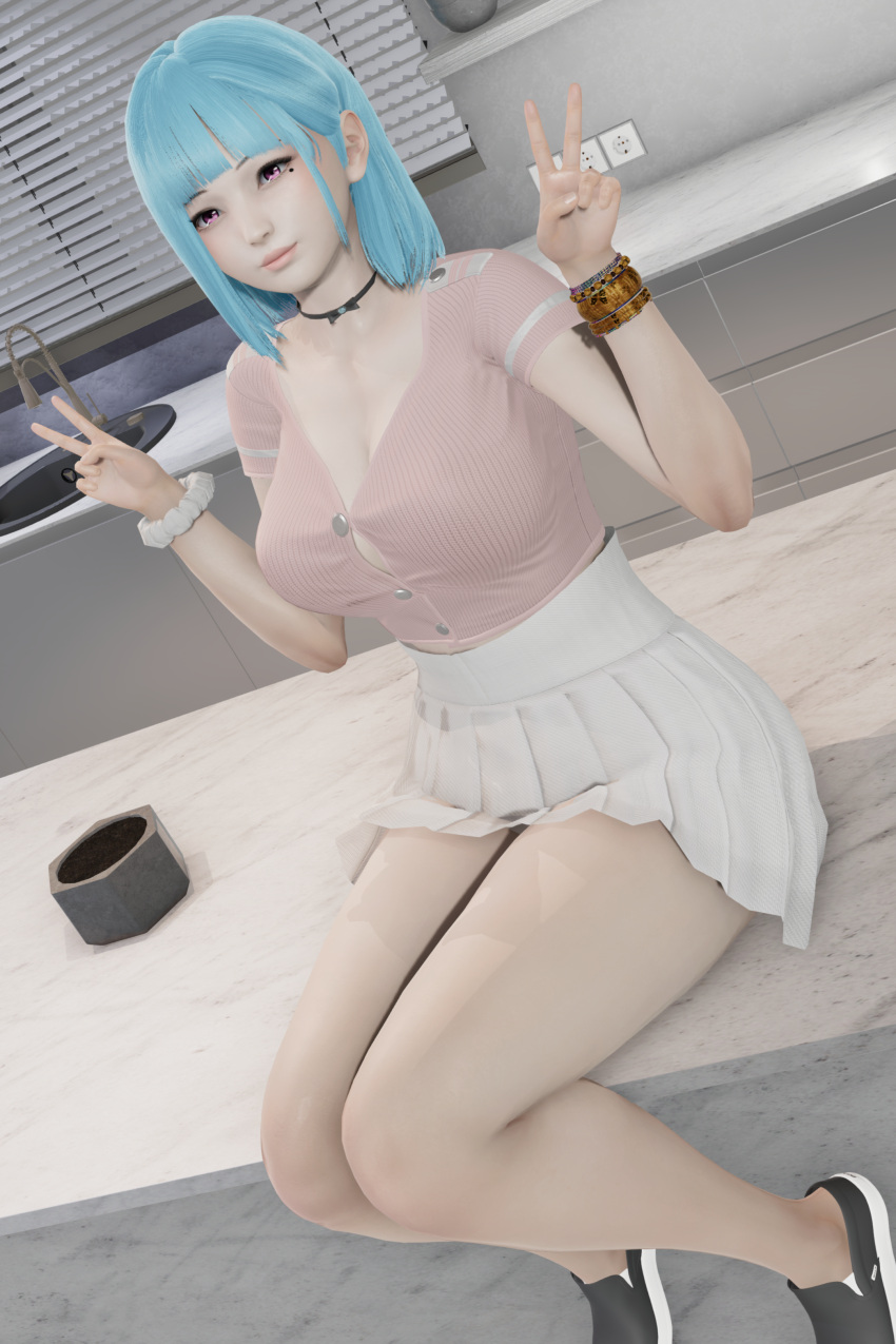 1girls 3d ahwlly ahwlly_(artist) bent_knees blue_hair bracelet choker fat_ass female female_only large_breasts looking_at_viewer mole_under_eye peace_sign pink_eyes pink_shirt self_insert shoes sitting skirt solo thighs