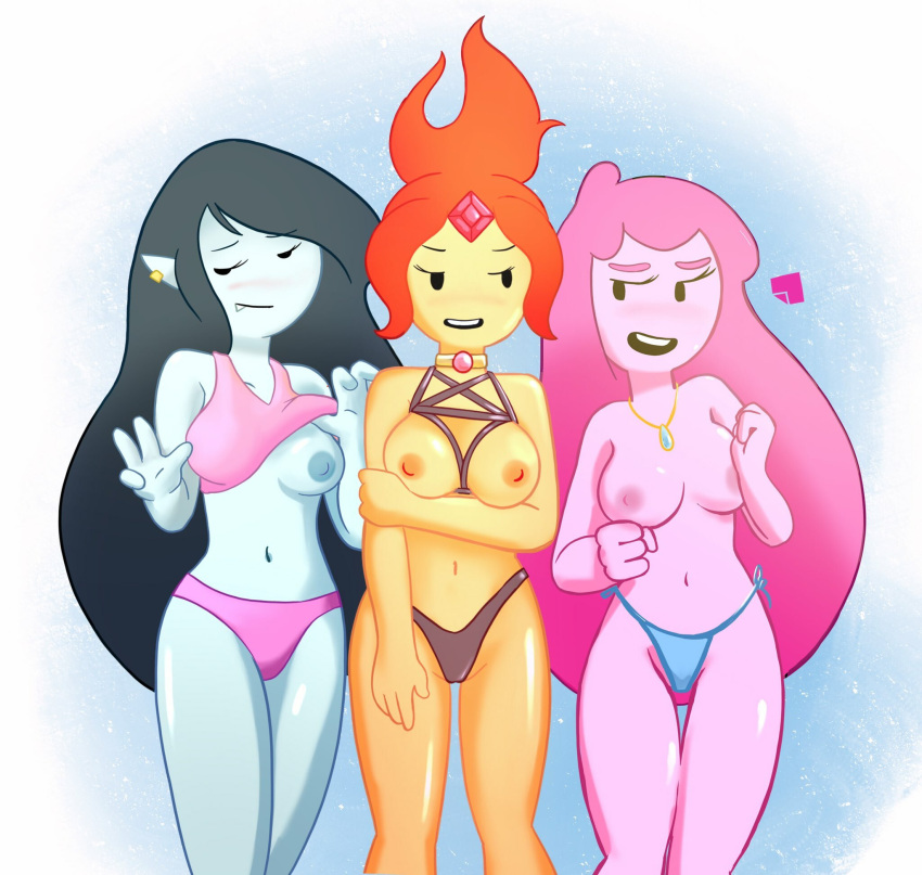 2020 3girls adventure_time areolae bikini_bottom bikini_top breasts breasts_outside cartoon_network clenched_fist confident crown earrings erostash female_focus flame_princess flashing_breasts front_view glistening_body grabbing_arm looking_at_another looking_at_viewer marceline multiple_girls necklace nipples nude_beach open_mouth peace_sign pinup ponytail princess_bubblegum revealing_swimsuit signature solo solo_female solo_focus standing summer swimsuit thighs topless topless_female trio