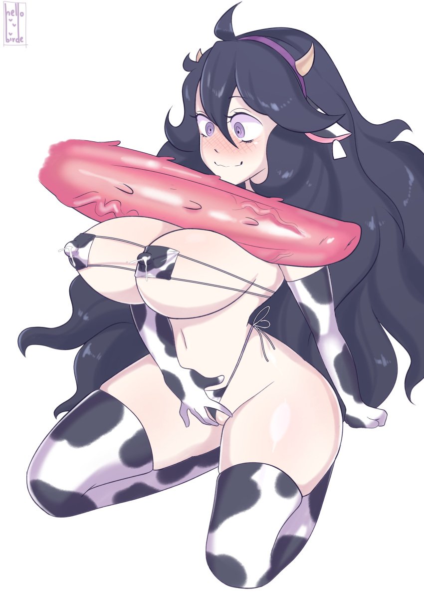 1boy 1girls ahoge animal_genitalia animal_penis armwear artist_name big_breasts big_penis bikini blush breasts cow_bikini cow_ears cow_horns cow_print disembodied_penis eyepatch_bikini game_freak hairband hellobirde hex_maniac huge_cock lactation large_breasts legwear long_hair penis penis_awe penis_on_breast pokemon pokemon_(game) pokemon_xy pokephilia purple_eyes purple_hair simple_background surprised thick_thighs thighhighs thighs veiny_penis white_background zoophilia