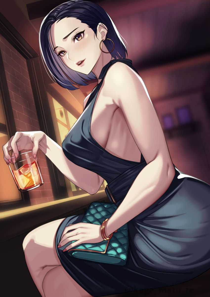 1girls absurdres alcohol bag bare_arms bare_shoulders black_dress black_hair blush bracelet breasts brown_eyes crossed_legs dress drink earrings female female_focus from_side handbag highres hoop_earrings indoors jewelry kagematsuri looking_at_viewer older_sister original original_character short_hair sitting smile solo