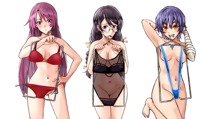 3girls absurdres arm_behind_head arm_up armpits bakemonogatari bandaged_arm bandages barefoot bikini black_bikini black_hair blue_bikini blue_eyes blue_hair blush braid breasts clothes_hanger convenient_censoring feet frown glasses groin hair_ornament hair_ribbon hairclip hand_on_hip hanekawa_tsubasa highres holding holding_clothes holding_clothes_hanger holding_swimsuit kanbaru_suruga large_breasts leg_lift legs long_hair looking_at_viewer medium_breasts monogatari_(series) mouth_hold multiple_girls nari_(nari149528) navel nude orange_eyes pout purple_eyes purple_hair red_bikini ribbon senjougahara_hitagi short_hair simple_background sling_bikini slingshot_swimsuit swimsuit take_your_pick thighs twin_braids twintails very_long_hair wardrobe_error white_background yellow_ribbon