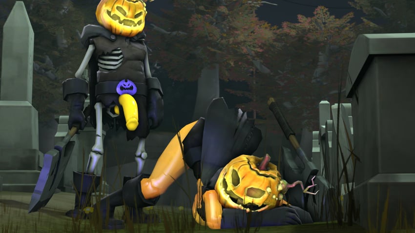 1boy 3d axe big_ass big_penis dei-c_(artist) female graveyard halloween hi_res highres horseless_headless_horsemann orange_cock orange_skin pumpkin_head rule_63 sfm source_filmmaker team_fortress_2 tf2 thick_thighs torn_clothes