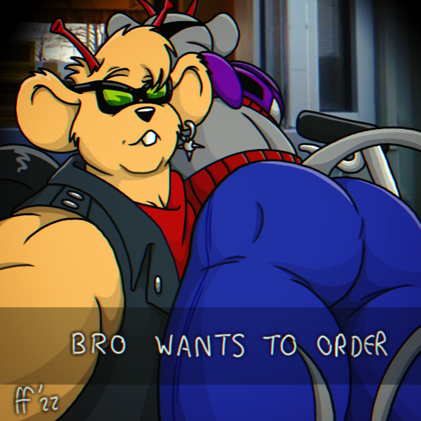 2022 2boys alien antennae anthro anthro_on_anthro ass ass_focus ass_up belt bent_over big_ass biker_mice_from_mars boyfriends bubble_ass bubble_butt car comedy costume duo duo_focus earrings english_text fabfelipe funny gay grey_fur he_wants_to_order indoors looking_at_viewer lovers male male/female male_ass male_focus male_only martian meme modo_(bmfm) muscular muscular_male ordering_food snapchat sunglasses tail tan_fur text text_bubble throttle_(bmfm) tight_clothing yaoi