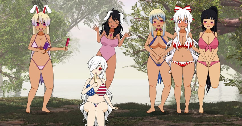 bikini bimbo bimbofication eirin_yagokoro female fujiwara_no_mokou implied_transformation kaguya_houraisan keine_kamishirasawa kisekae large_ass large_breasts piepiepiethesecond post_transformation reisen_udongein_inaba tan tewi_inaba thick_thighs touhou transformation wide_hips