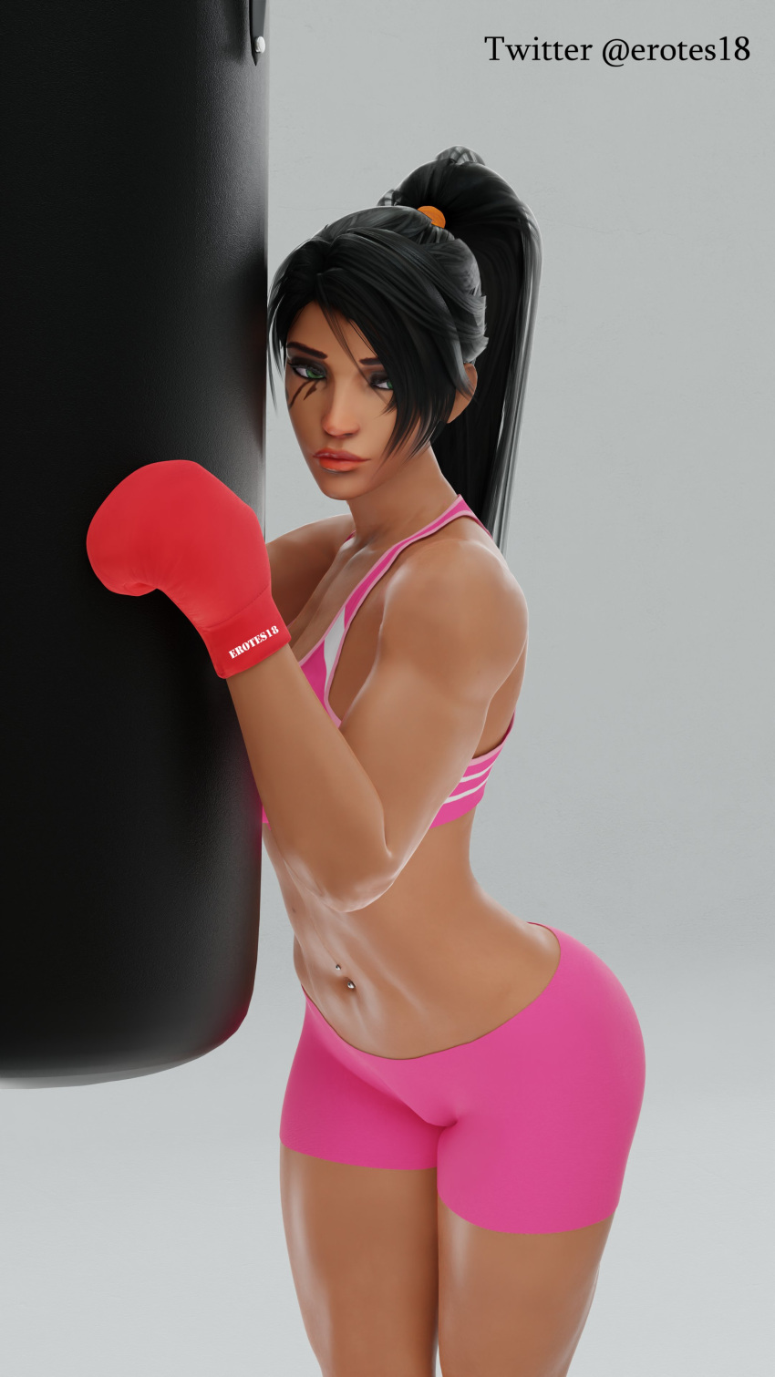 1girls 3d abs arabian arabian_female athletic belly_button belly_button_piercing black_hair blizzard_entertainment boxing_gloves brown_skin dark-skinned_female dark_skin egyptian egyptian_female erotes fareeha_amari female female_only female_protagonist fit_female fully_clothed gloves green_eyes heroine highres human large_ass large_breasts middle_eastern middle_eastern_female muscle_mommy navel navel_piercing overwatch pharah punching_bag red_boxing_gloves red_gloves simple_background skin_tight solo sweaty tattoo workout workout_clothes