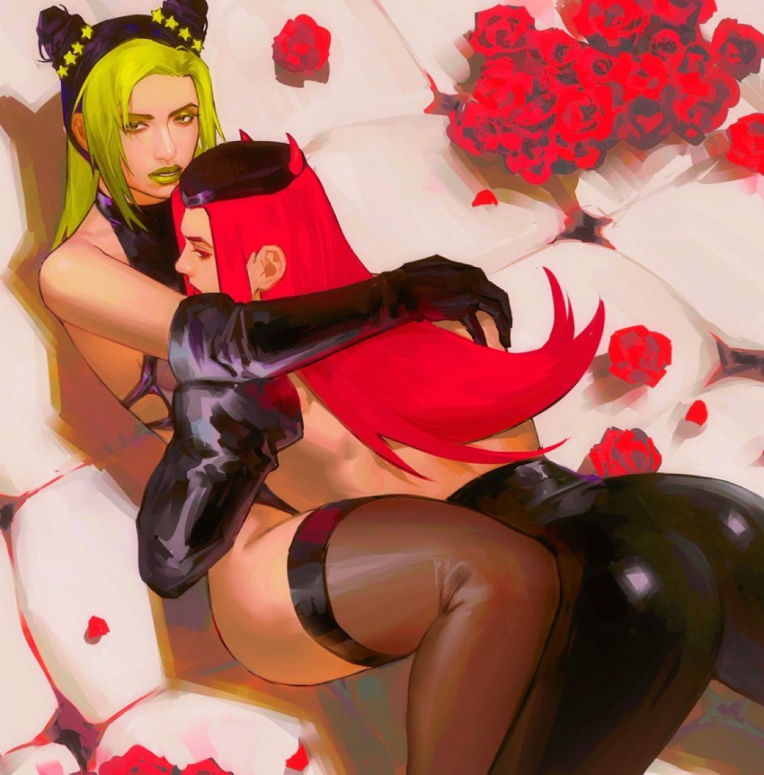 1boy 1boy1girl 1girls ass bedroom_eyes black_hair black_socks bodysuit couple detailed_background dominant_female femdom green_eyes green_hair green_lipstick highres hug jojo's_bizarre_adventure jolyne_kujo latex latex_gloves latex_thighhighs lipstick lkikai long_hair looking_at_viewer makeup muscular muscular_ass muscular_male muscular_thighs narciso_anasui pink_hair roses socks stone_ocean submissive_male tagme thick_thighs thigh_socks thighhighs thighs tight_clothing