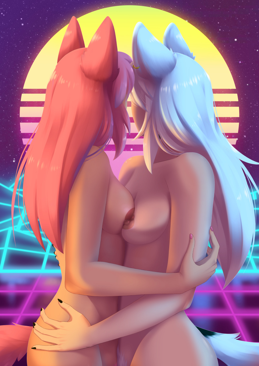 2girls absurd_res animal_humanoid breasts canid canid_humanoid duo embrace female female/female fur hair hi_res hug humanoid kemono kemonomimi kitsune mammal mammal_humanoid multiple_girls nipples nipples_touching nude pink_body pink_fur pink_hair pubes ranara white_body white_fur white_hair white_pubes yuri