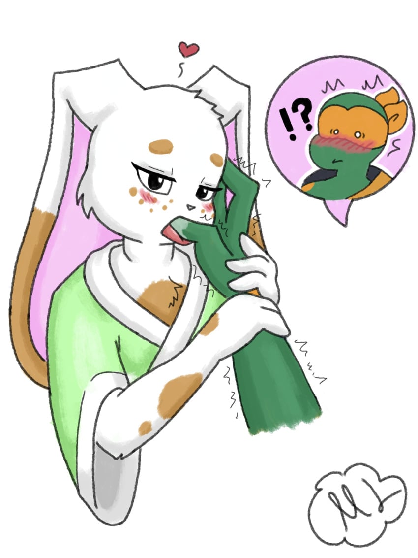 anthro blush bunny bunny_girl eye_contact fingers licking male markings michelangelo michelangelo_(tmnt) oc open_mouth rise_of_the_teenage_mutant_ninja_turtles shocked sucking teenage_mutant_ninja_turtles