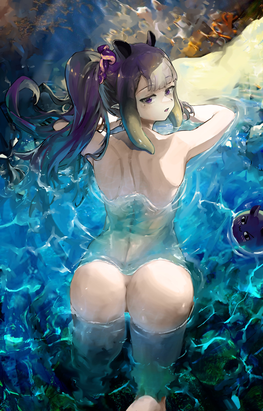 1girls ass butt fan_mascot_(vtuber) female hololive hololive_english hololive_myth in_water light-skinned_female light_skin looking_at_viewer naked ninomae_ina'nis nude nude_female ponytail purple_eyes tagme takodachi tentacle_hair virtual_youtuber vyragami