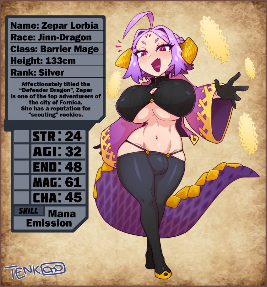 1futa 2022 ahoge big_hips breasts bulge cameltail character_name character_profile cleavage clothed clothing dragon_girl full_body fully_clothed futa_only futanari horns huge_breasts humanoid light-skinned_futanari light_skin measurements midriff monochrome navel penis penis_bulge purple_hair solo standing tail thetenk thick_thighs underboob wide_hips zepar_lorbia