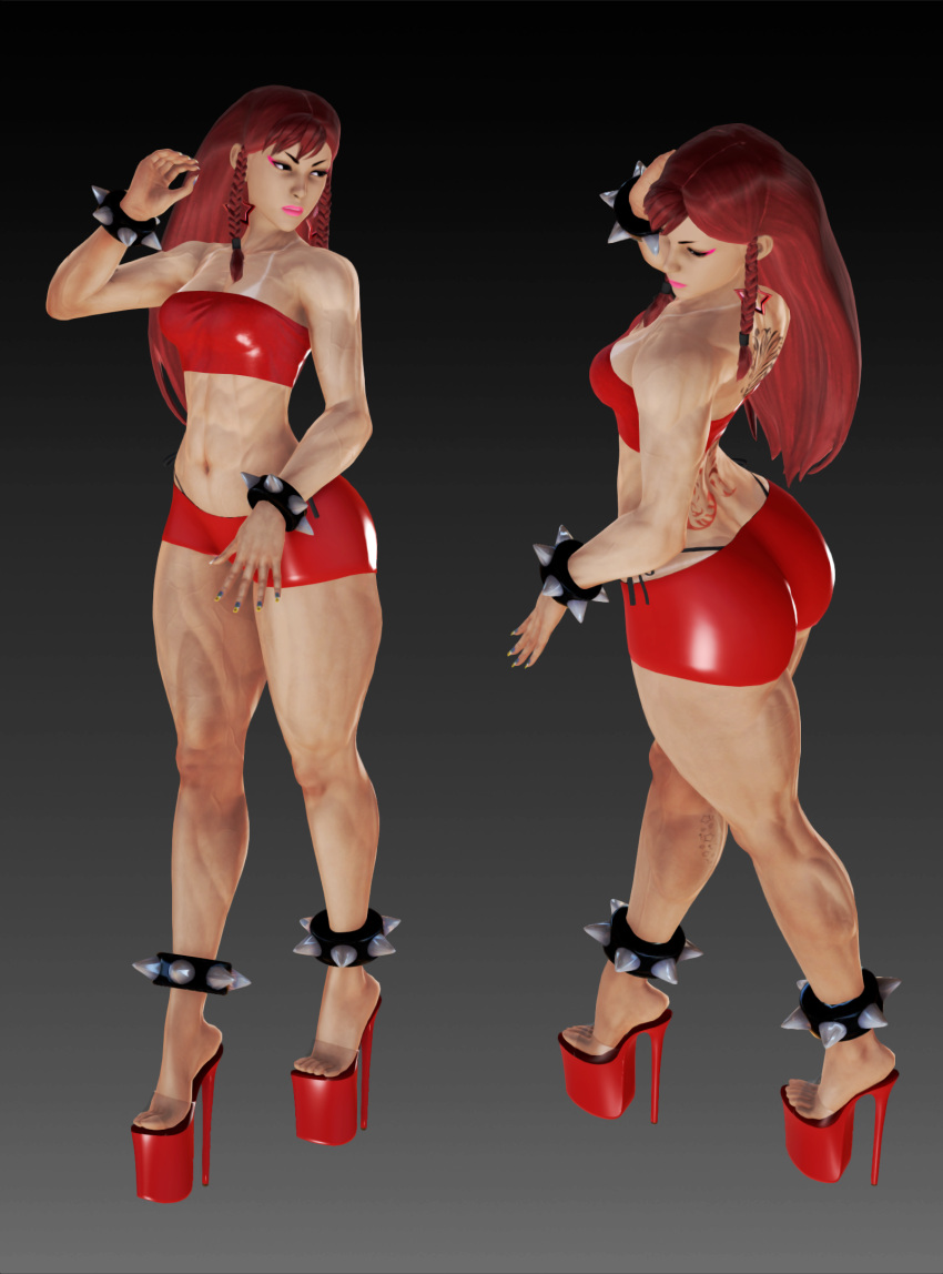 1girls 3d abs alternate_hairstyle asian asian_female big_ass bimbo booty_shorts capcom chun-li dyed_hair earrings eyeshadow female female_only high_heels honey_select ihateasuka illusion_soft lipstick long_hair long_nails looking_away makeup muscles muscular muscular_female platform_footwear red_hair simple_background solo solo_female spiked_anklet spiked_bracelet street_fighter street_fighter_v studio_neo tanline tanlines tattoo tattoos thick_thighs