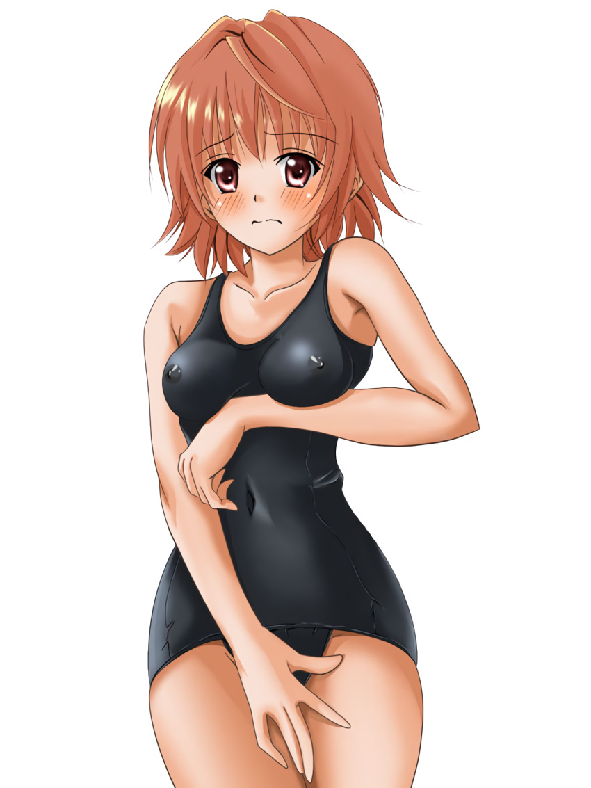 1girls blush brown_eyes brown_hair censored covering covering_crotch genderswap_(mtf) holding_breast navel nipples nipples_visible_through_clothing rule_63 school_swimsuit short_hair swimsuit to_love-ru tomboy yuuki_rito yuusaki_riko