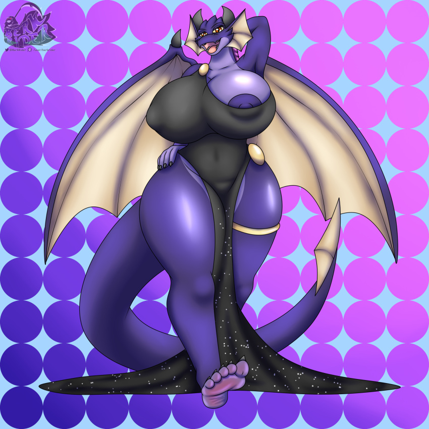 2022 5_fingers 5_toes anthro barefoot berk_rider cleavage cleavage_overflow clothed clothing dragon dress feet female fingers goddess_dracoona hair hi_res horn huge_breasts humanoid_feet looking_at_viewer nipples open_mouth simple_background smile soles solo thick_thighs toes wide_hips wings