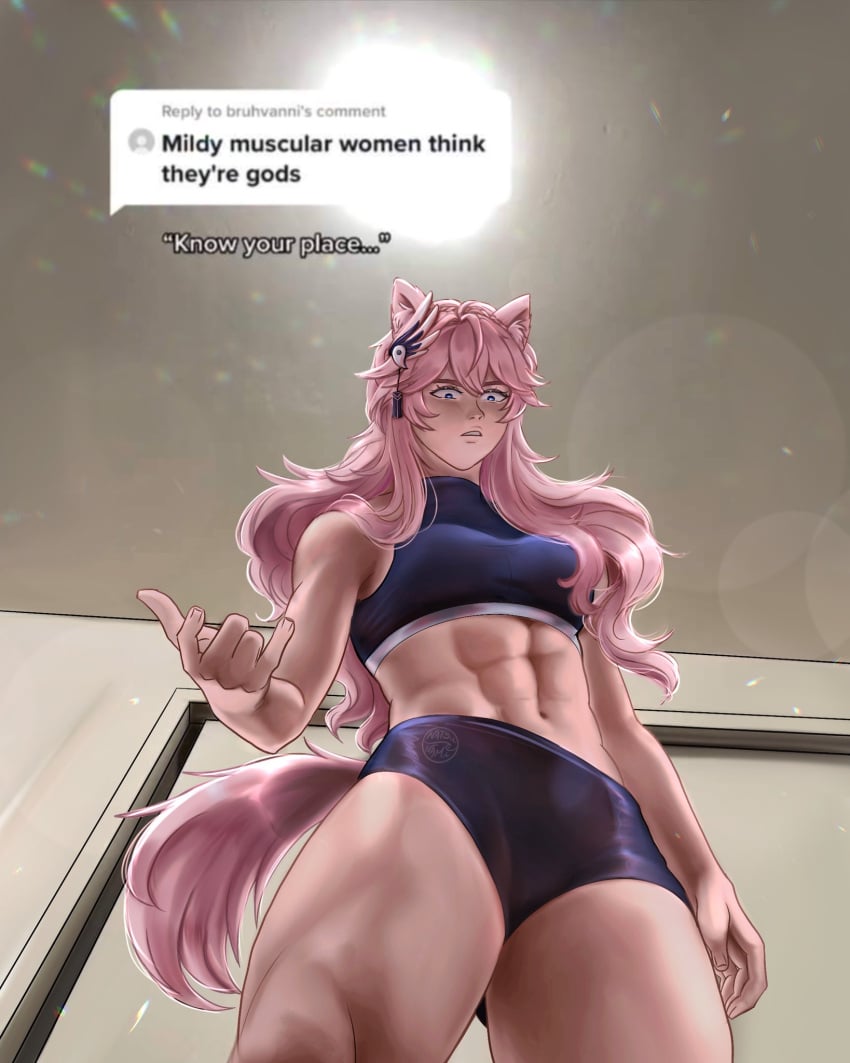 1girls abs bunny_ears clothed clothing female female_only indie_virtual_youtuber know_your_place light-skinned_female light_skin meme mildly_muscular_woman muscular muscular_female natsu_nami_(natsunamivt) natsunamivt_(artist) pink_hair thick_thighs virtual_youtuber vtuber