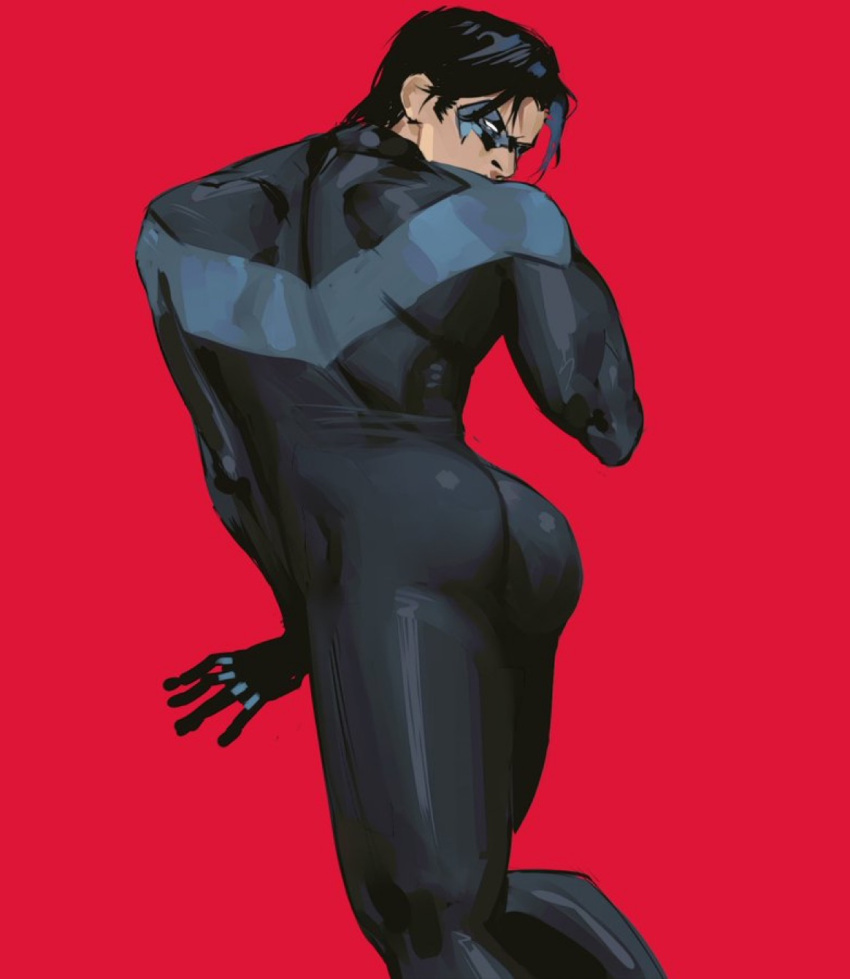 1boy back_view batman_(series) black_hair bodysuit bubble_butt dc dc_comics dick_grayson fully_clothed highres latex latex_suit lkikai looking_back looking_back_at_viewer male male_focus male_only mask masked_male muscles muscular muscular_ass muscular_back muscular_male muscular_thighs nightwing short_hair simple_background solo solo_focus solo_male teen_titans tight_clothing tight_fit uncensored